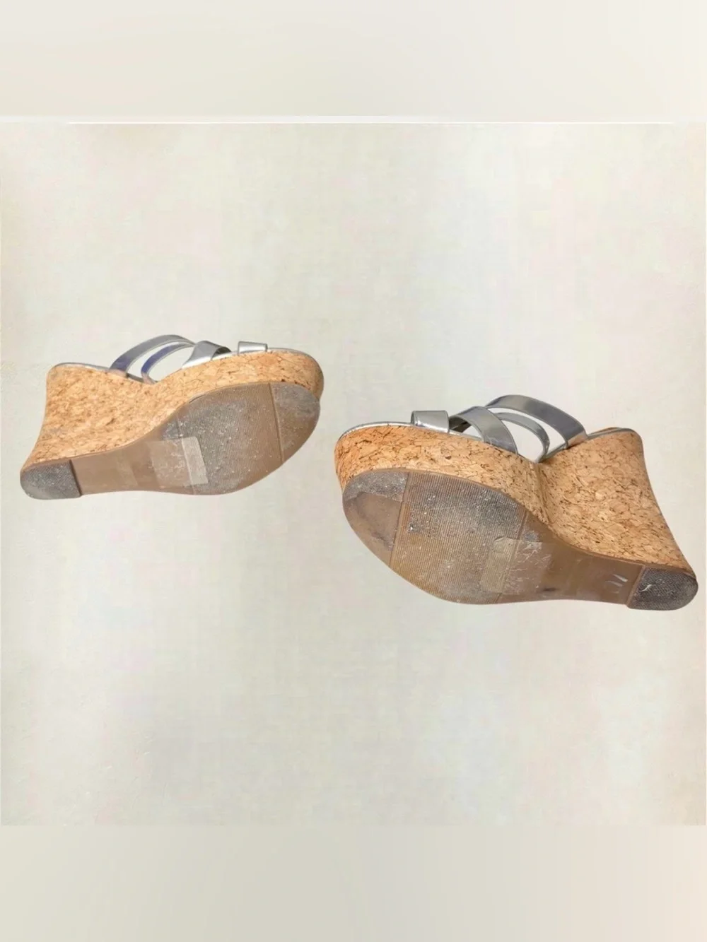 De Blossom Collection Silver Metallic Cork Wedge Sandals - used